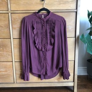 Free People Burgundy Flowy Ruffled Blouse Long Sleeve Top, Small